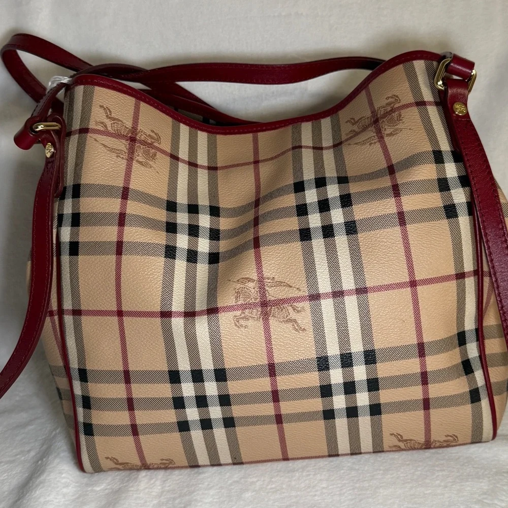 Burberry Tan Plaid Tote with Burgundy Trim - Picture 2 of 9